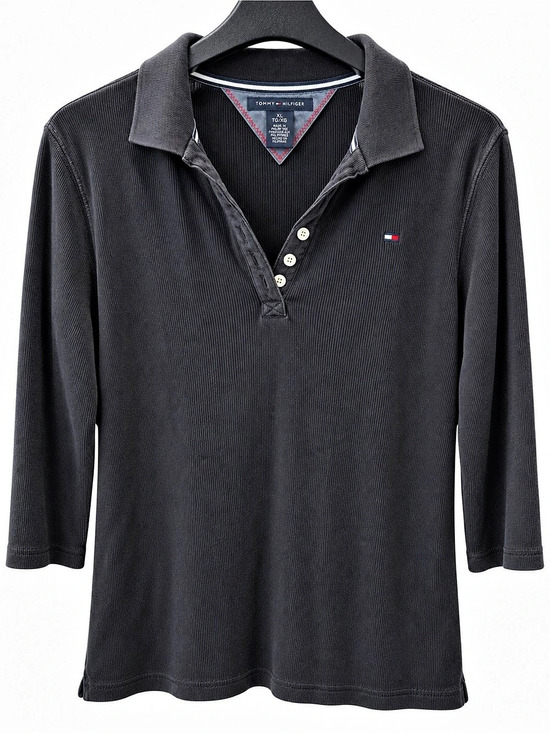 Tommy Hilfiger Tops - Tommy Hilfiger Black Ribbed Cotton Henley 3/4 Sleeve Shirt XL